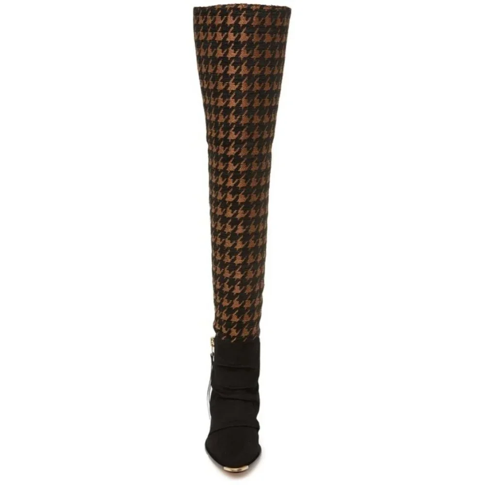 Schutz Tenia Boots Black Suede Houndstooth Tweed Over The Knee NEW $575